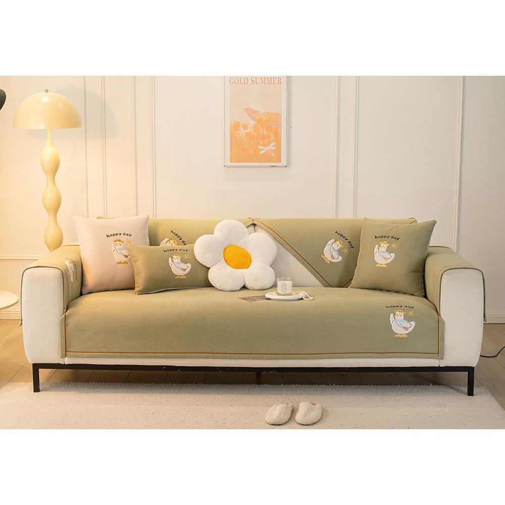 Embroidery Cartoon Duck Sofa Cushion Universal In All Seasons  New Chenille Fixed Non-Slip Sofa Seat Cushion Cover Cloth