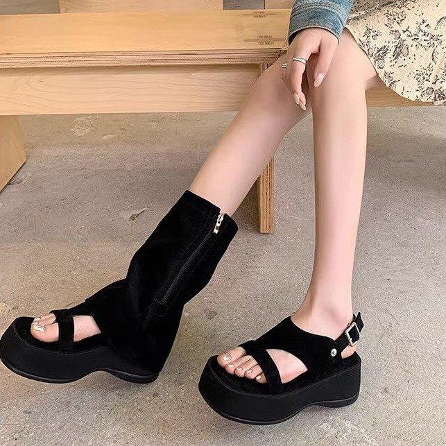 

[youshilai] Pants boots toe platform sandals 2025 summer heightening retro Maillard cool boots women 35