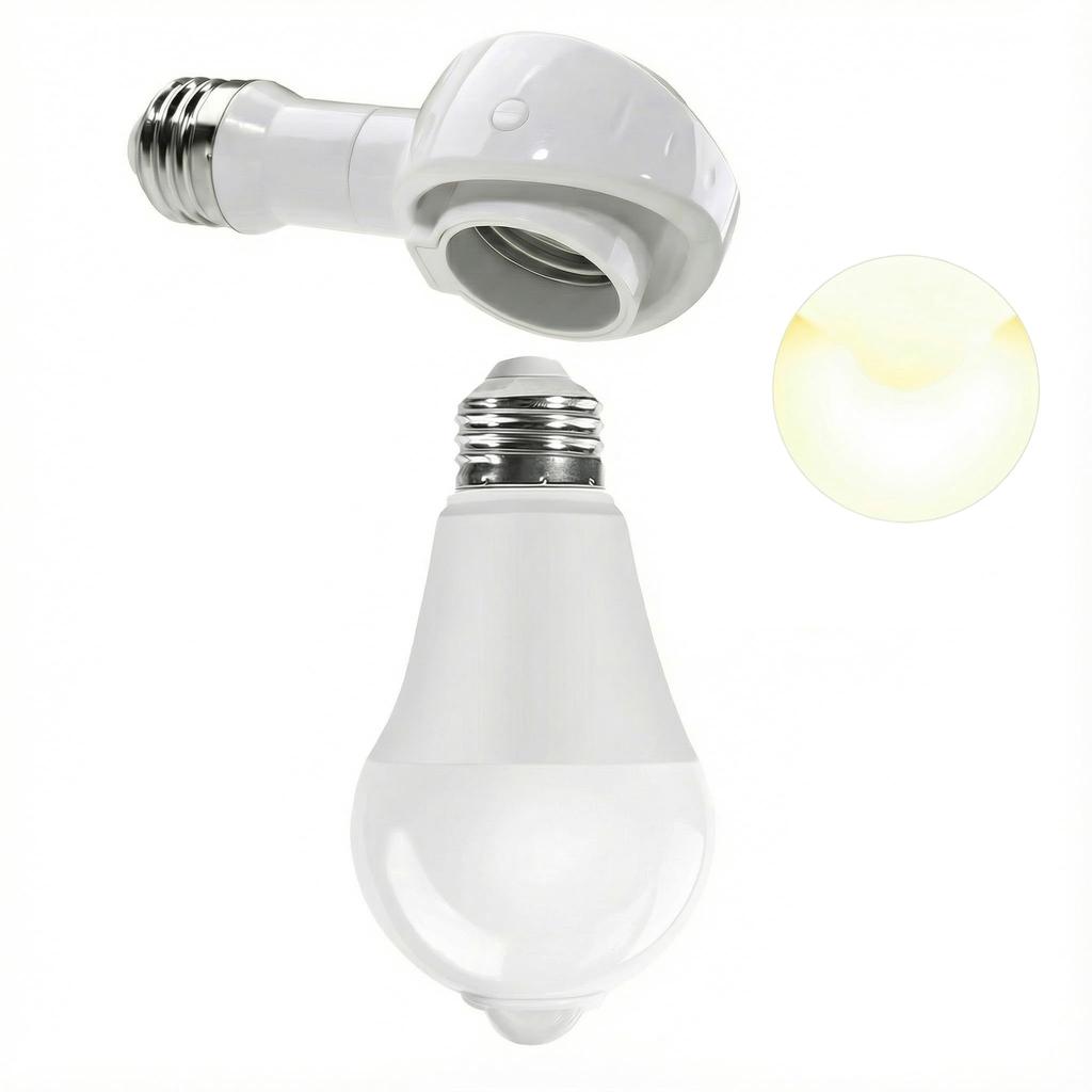 Pispoer E26 Human Body Sensing and Light Sensing LED Bulb, Automatic OnOff, 3000K, 750lm, 8W (Equivalent To 80W Halogen Bulb) + E26 Angle Adjustable