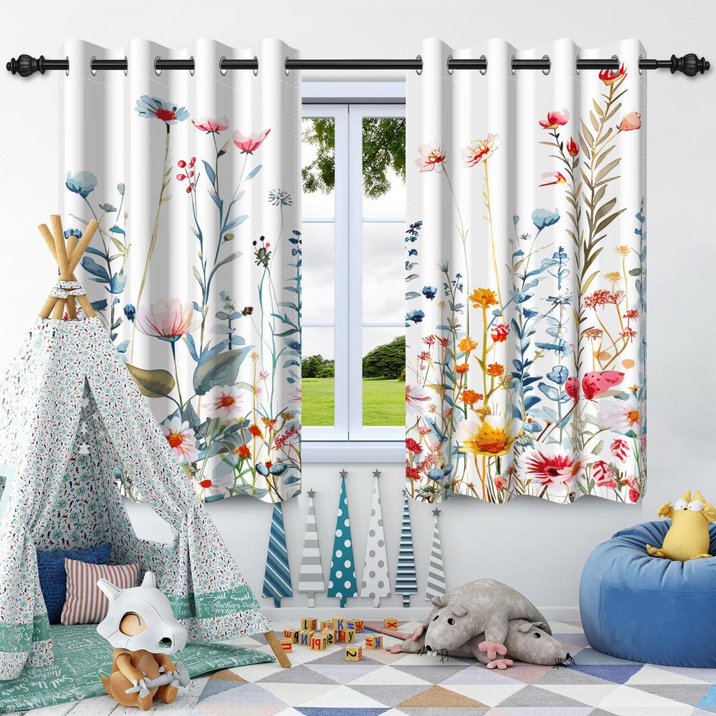 Wildflowers Floral Green Plants Window Curtains Blackout Washable Polyester Fabric Bedroom Living Room Home Decor Curtain 2 Pcs