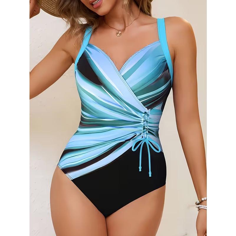 The new swimsuit feminine one-piece swimsuit drawstring gathered V-neck contrast print adjustable strap swimsuit S