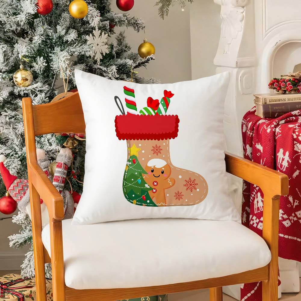 Red Socks Merry Chrismas Pillow Case Holiday Happy Atmosphere Short Plush Double-Sided Printing Home Cushion Cover