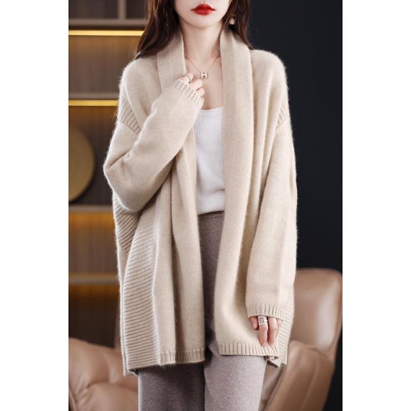 Women's 100% Pure Wool Knit Mid-Length Drop Shoulder Cardigan - Autumn/Winter Collection