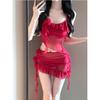 Stunning Red Rose Split Skirt Swimsuit Set: Stylish & Modest 4-Piece for Women