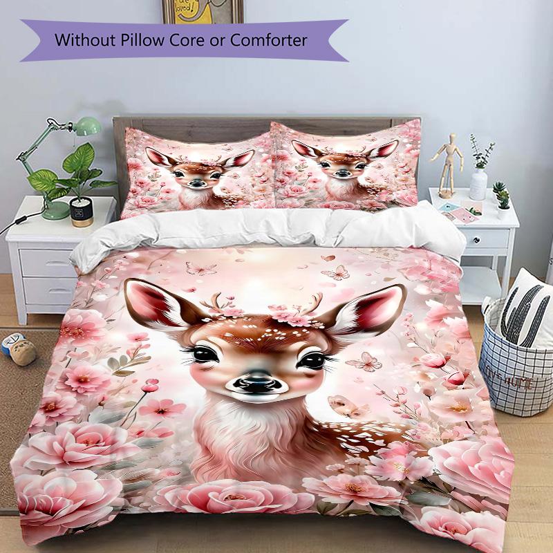 Floral Deer Fantasy Scene Print 3Pcs Bedding Setduvet Cover With 2 Bedropillowcase Home Birthday Gift