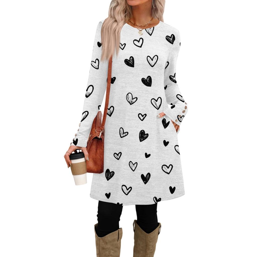 Damenmode lässiges Kleid mit Tasche, dekorativen Knöpfen, Rundhalsausschnitt, langen Ärmeln und Print