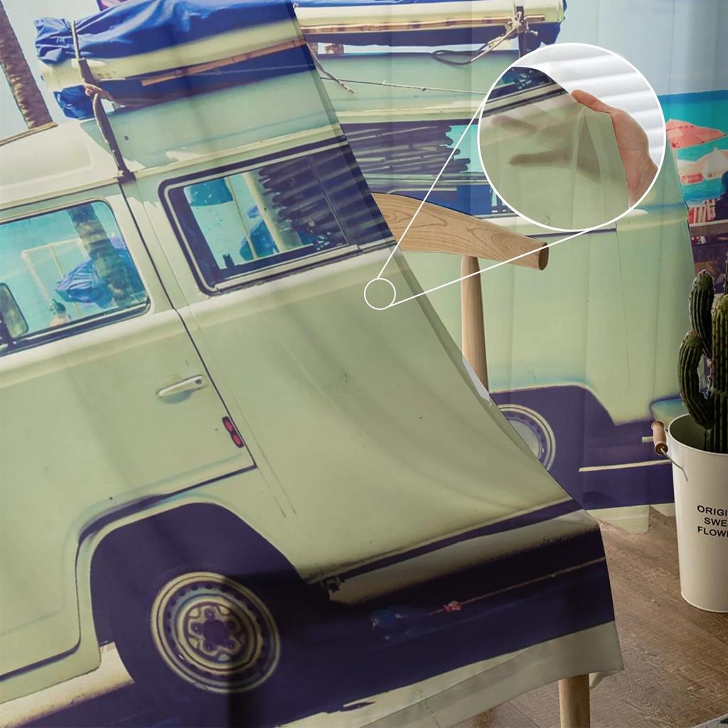 Seaside Bus Palm Tree Sheer Curtain for Living Room Hall Wall Dress Up  Home Window Supplies Pop Print Tulle Curtains