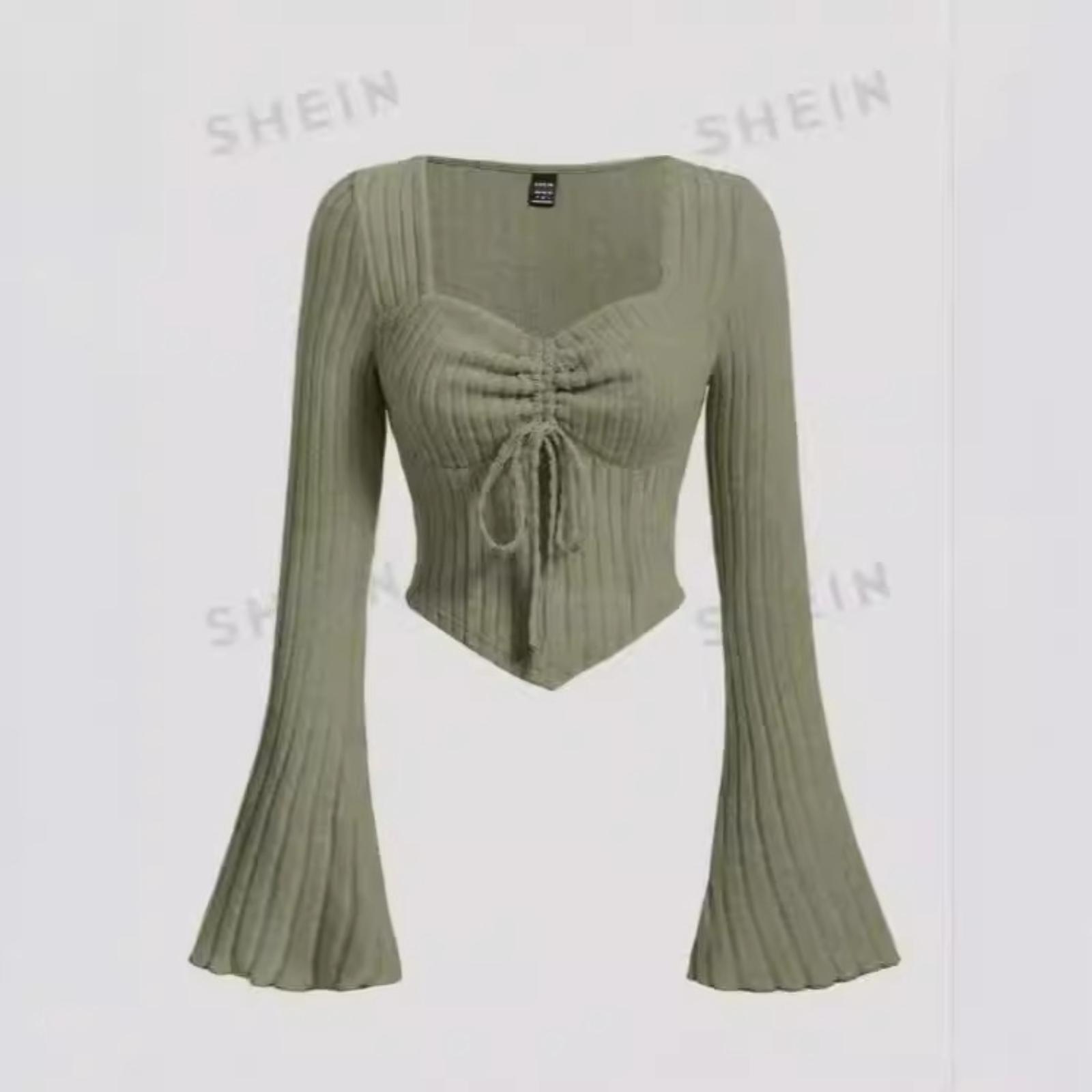 

Women s Long Sleeve Knit Top with Drawstring Waist and Ruffle Detail Flared Sleeve Pullover Lightweight Stretch Fabric Casual Fit L армия зеленый