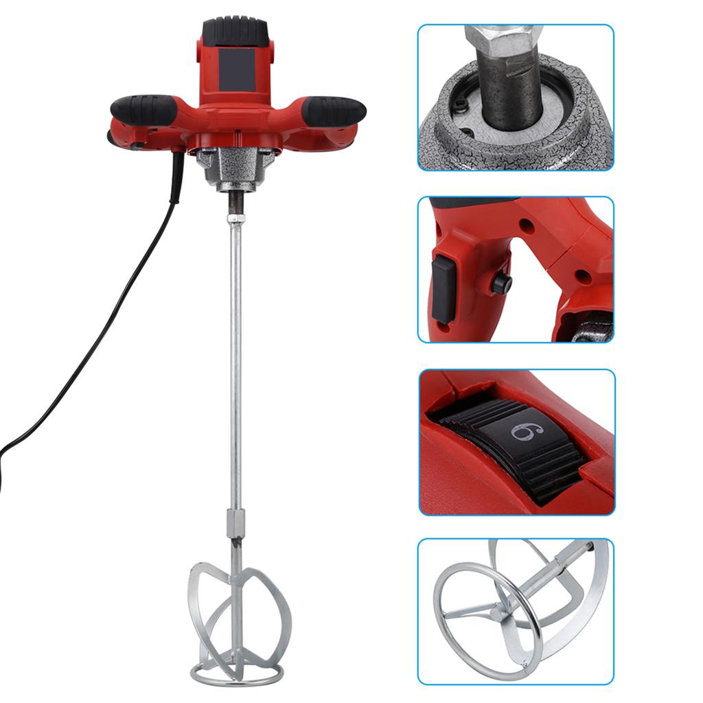 1pc Red 1500W Handheld 6‑speed Electric Mixer for Stirring Mortar Paint Cement Grout AC