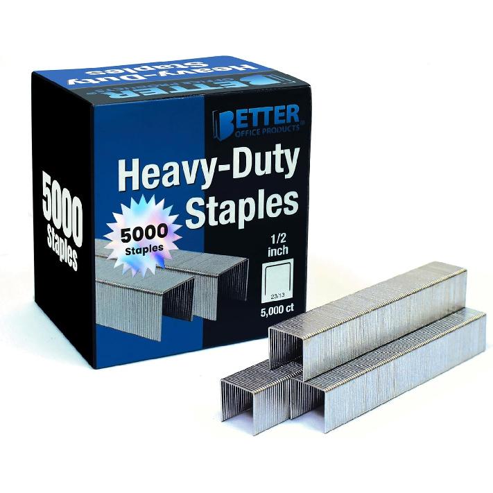 Better Office Products 5,000 Count Heavy Duty Staples, 23/13, 1/2-inch Staples, 100/Strip, Chisel Point Tips, High Capacity,