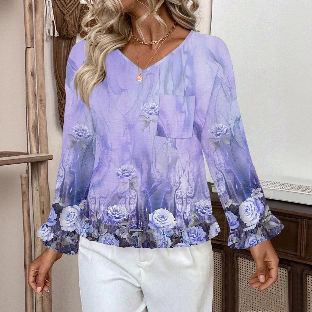 Dámský ležérní módní top s volánky, výstřihem do V, potiskem a dlouhým rukávem