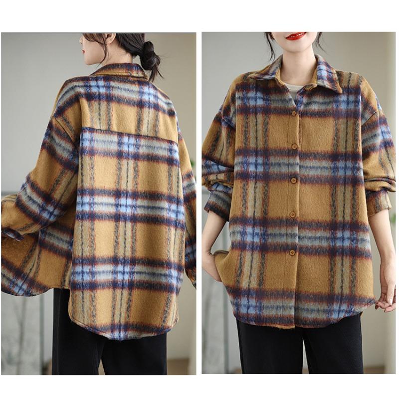 DIMANAF 2025 New Autumn Winter Plus Size Women Coats Jackets Loose Casual Outerwear Vintage Lady Plaid Cotton Thick Long Sleeve