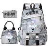 Anime Jujutsu Kaisen Backpack Set for Girls 3pcs School Bookbag Lunch Bag Pencil Case Casual Travel Rucksack