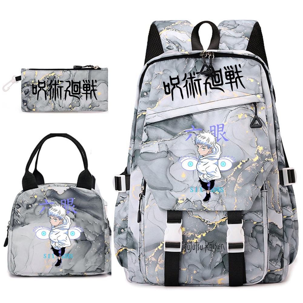 Anime Jujutsu Kaisen Backpack Set for Girls 3pcs School Bookbag Lunch Bag Pencil Case Casual Travel Rucksack