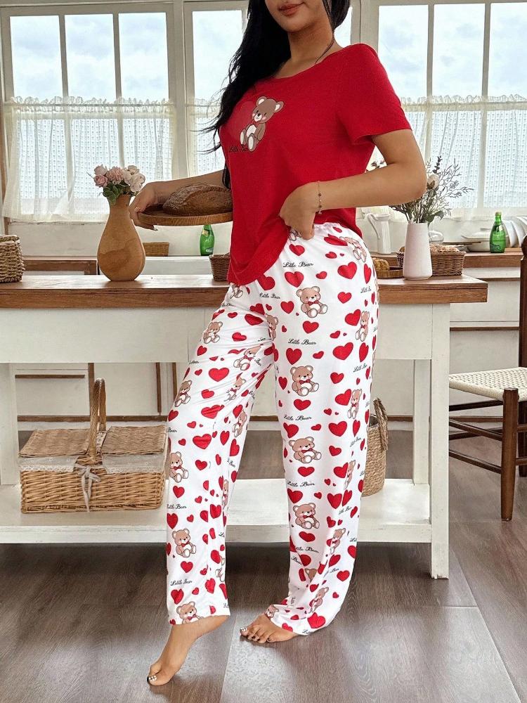 Women'S 2pcs Heart Bear Pajama Set - Cozy Red & Heart Bear Print Long Sleeve Nightgown & Pants with Elastic Waistband, Button-Up Front, Cute Pajamas
