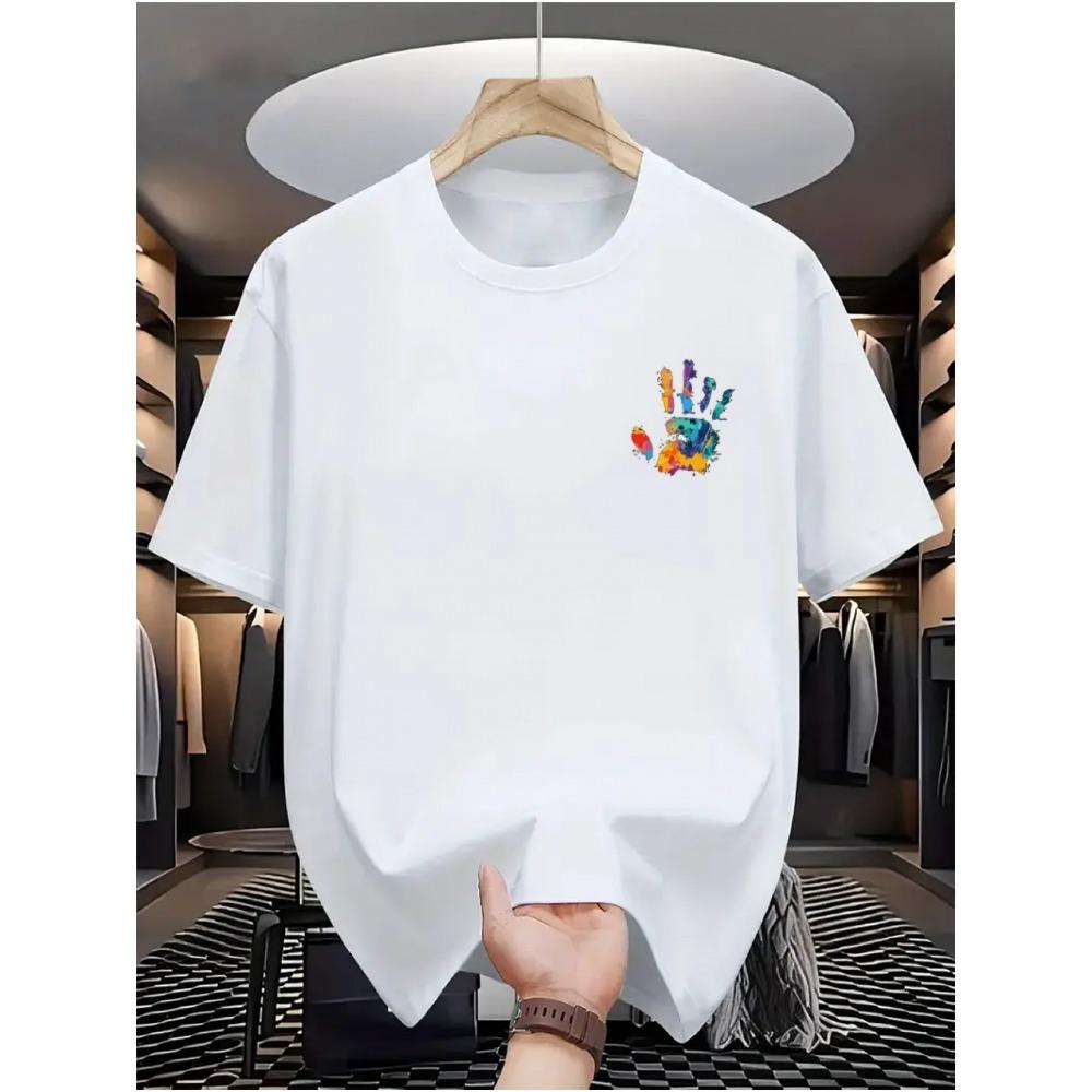 Men's Summer Cotton Casual Fashion Painted Handprint Print Loose Sports Round Neck Short Sleeved T-shirt