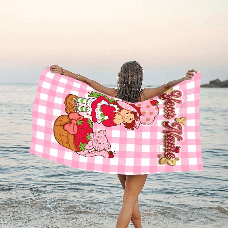 1pc Princess Strawberry Beach Towel with Custom Name, Beach and Seaside Swimming Pool Equipment, Fashion Pattern, Rectangular, Travel Essential