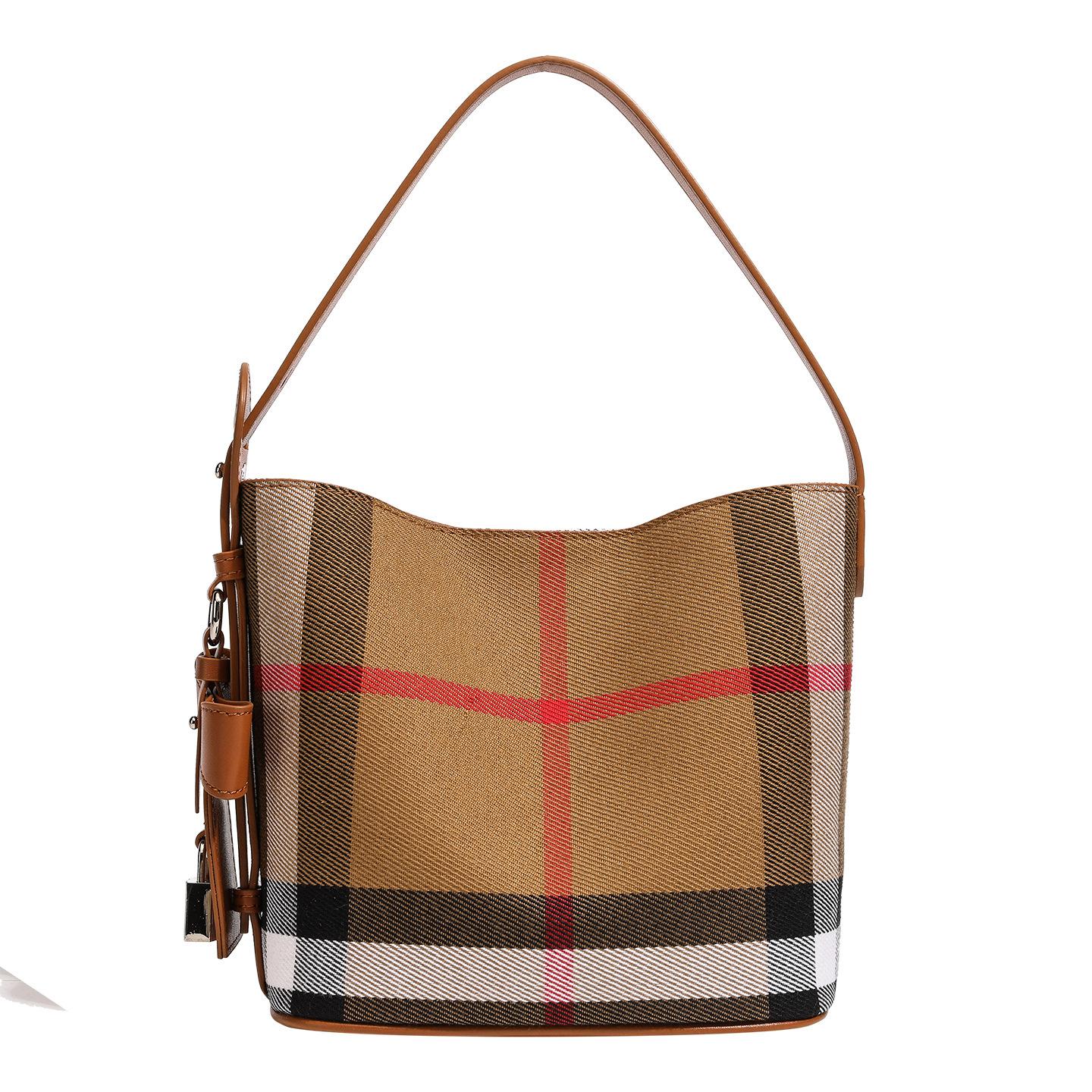 

New Plaid Fabric with Leather Bucket Bag, High-end and Casual, Large Capacity Women s Bag, Plaid Hand-held Shoulder Bag