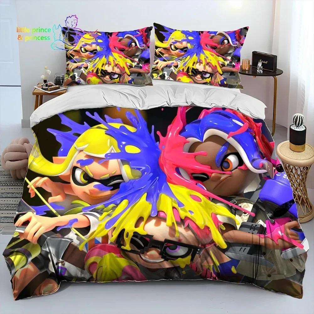 S-Splatoon Gamer Cartoon Bettwäsche-Set Einzelbett-Set Twin Full Queen King Size Bettwäsche-Set für Erwachsene und Kinder Schlafzimmer Geschenk