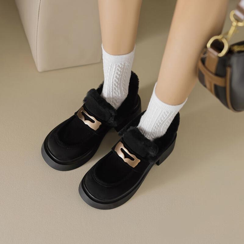 Mode NEU Winter Damen Pumps Kuhveloursleder Schuhe für Damen Runde Zehenpartie Klobiger Absatz Schuhe Slipper Damen Loafer Warme Plateauschuhe
