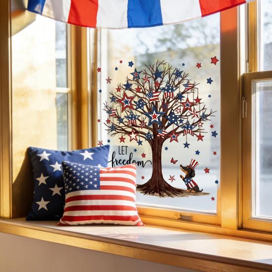 4th of July Window Clings Patriotic American Flag Red Blue White Tree Balloons Stickers Independence Memorial Day Static Decals for Store Glass Decor