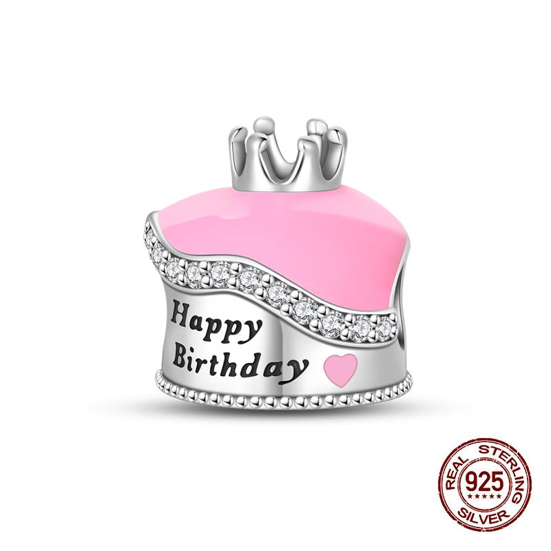 

Original Charms Copper Pink Happy Birthday Crown Cake Bead For Woman Jewelry Birthday Gift For Bracelet Accessories
