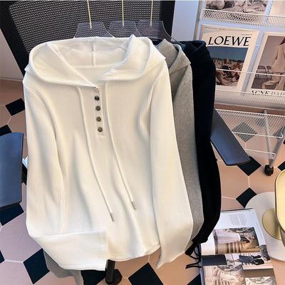 Plus Size 240 Jin Loose Fit Drawstring Hooded Long Sleeve Women's T-shirt - Spring/Autumn Slimming Base Top