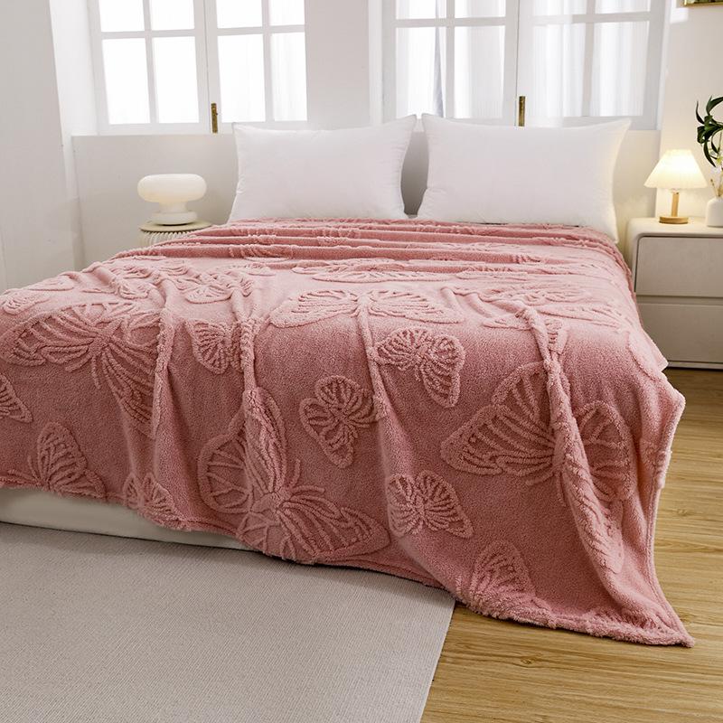 Zimowy aksamitny taftowy koc z motywem motyla i kwiatów: Dwustronny, pogrubiony żakard 3D, wielofunkcyjny na drzemki, do klimatyzacji i jako prześcieradło.