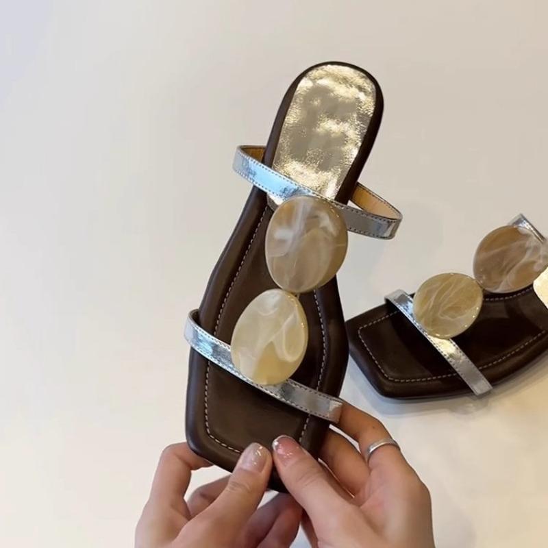 Sheepskin version~ New one-word with square head, open-toed cool slippers, women's retro flat-bottomed slippers