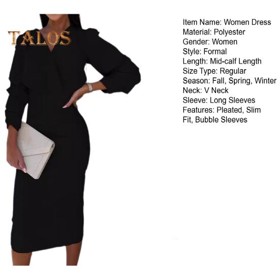 Fall Spring Women Dress V Neck Bubble Sleeves Formal Business Style Slim Fit Solid Color High Waist OL Commuting Office Midi Dress