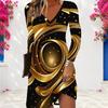 Women Plus Size V Neck Long Sleeve Printed Black Green Gold A Line Dress