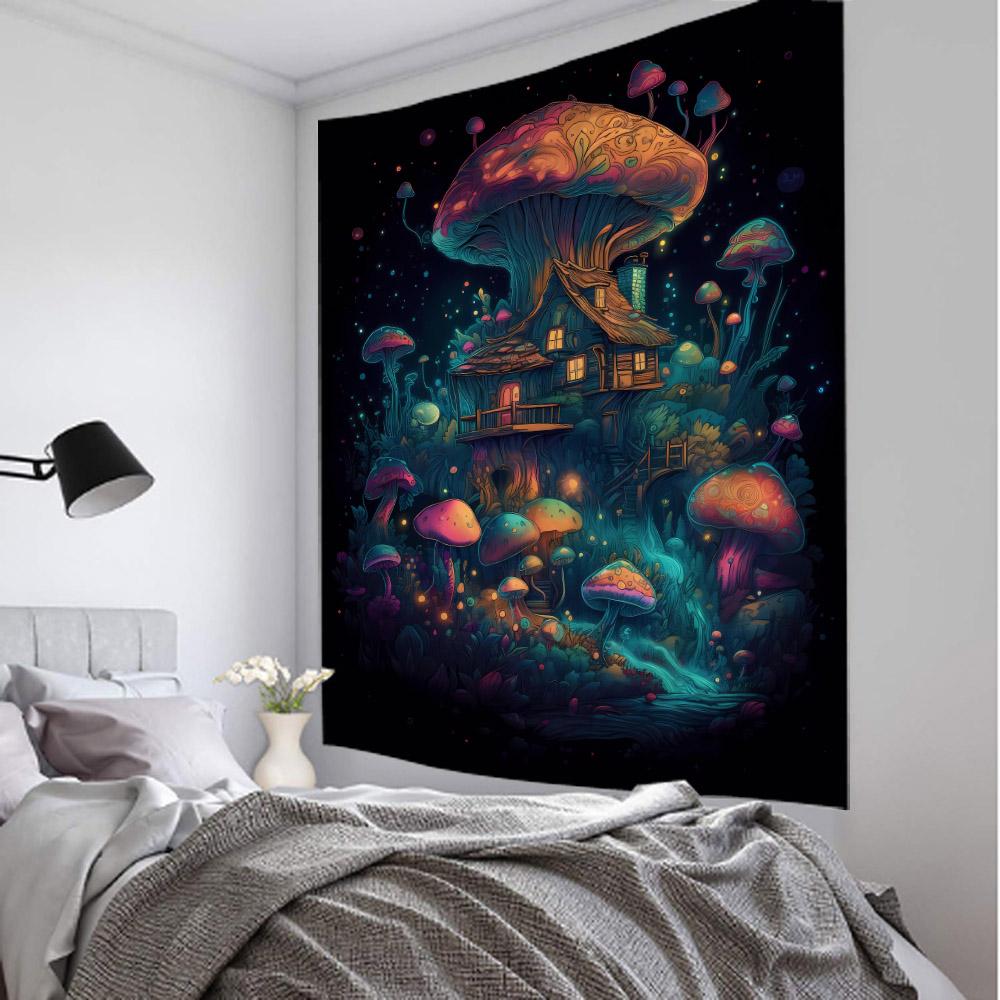 Fairy Tale Mushroom Forest Tapestry Wall Hanging Aesthetic Decoration Blanket Bed Sheet Living Room Bedroom Background Poster