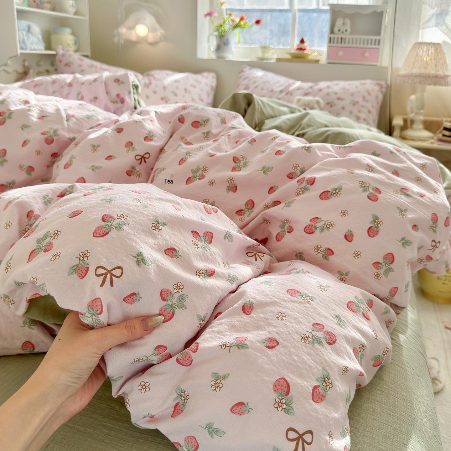 Premium Cloud-Feel Cotton Double-Layer Gauze Bedding Set: Includes Washed Cotton Bed Skirt, Duvet Cover, and Pillowcase. Ideal for Dorms. 1.2m Bed Sheet Set- Duvet 150x200