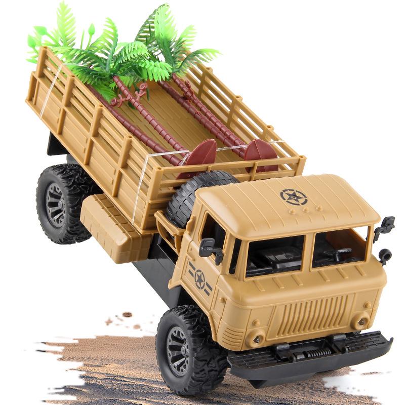 Four-Wheel Drive RC Military Transport Vehicle with USB Charging, LED Lights, and Climbing Rubber Tires