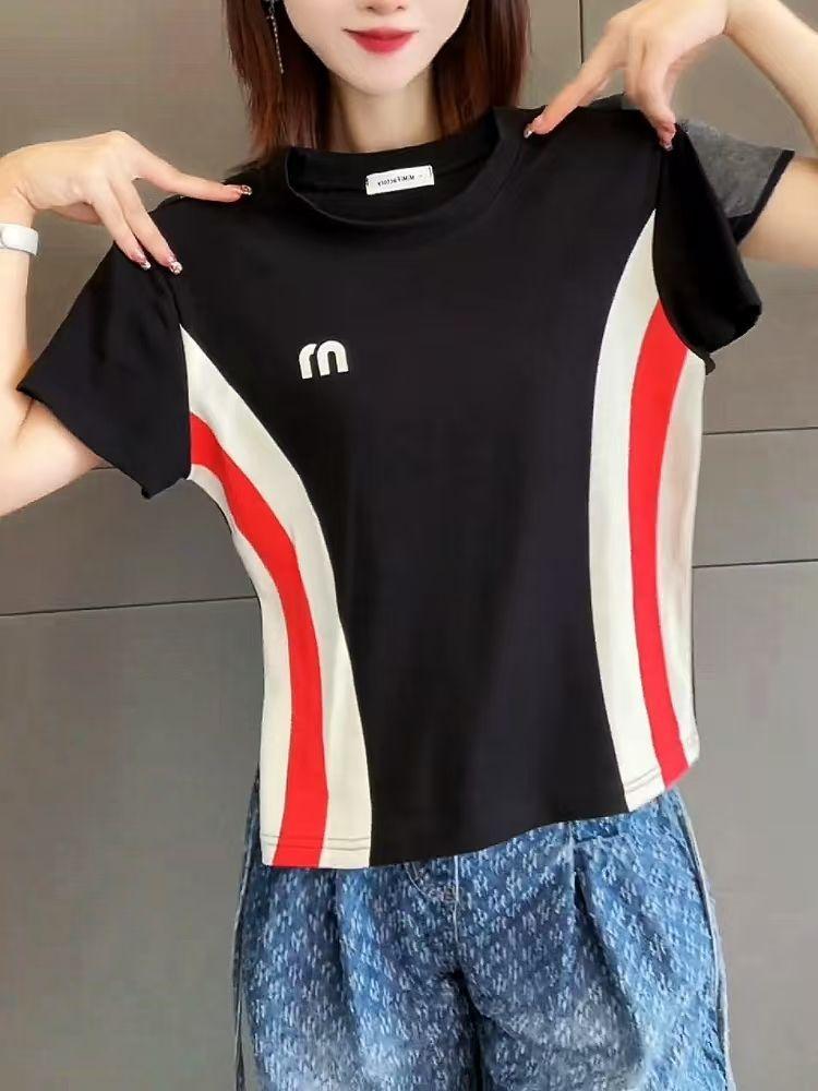 

Жіночі повсякденні футболки, печворк кольори, короткий рукав, круглий виріз, прості модні футболки для дівчат, вуличний одяг, жіночі футболки XL