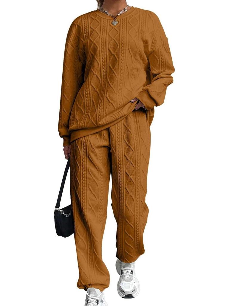 Γυναικείο Σετ Δύο Τεμαχίων με Πλεκτή Καλωδιακή Επένδυση: Μπλούζα Μακρυμάνικη με Στρογγυλή Λαιμόκοψη & Παντελόνι με Μανσέτες