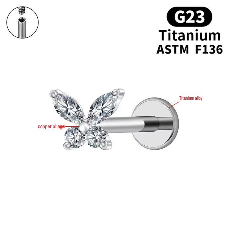 G23 Titanium Butterfly Lip & Ear Cartilage Stud Earrings with Internal Thread - Simple, Luxurious Design for Women's Piercings