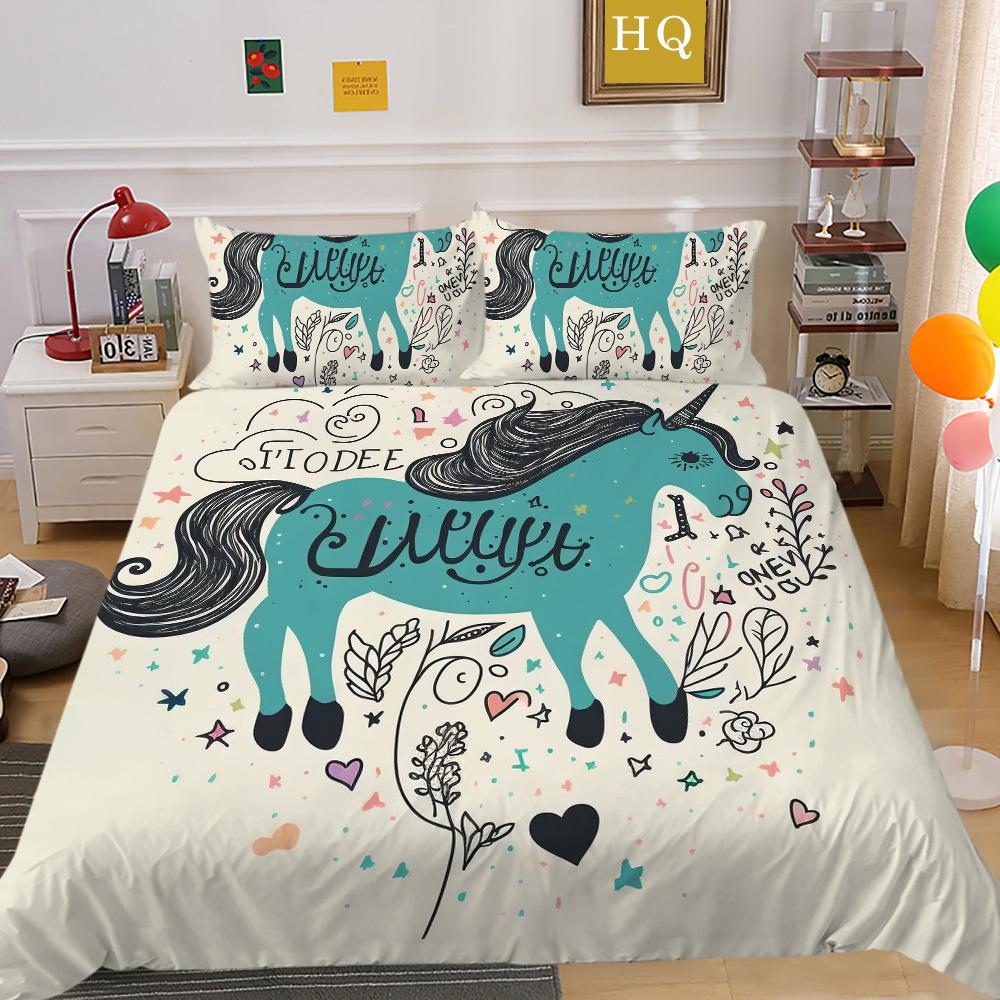 

Комплект постельного белья с принтом единорога, полноразмерный комплект одеяла из полиэстера, детский дизайн, высококачественное постельное белье EU Single 135x200cm