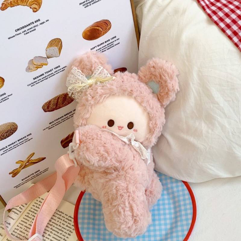 Plush Bunny Eared Sheep Shoulder Bag With Zipper Pocket For Daily Use
