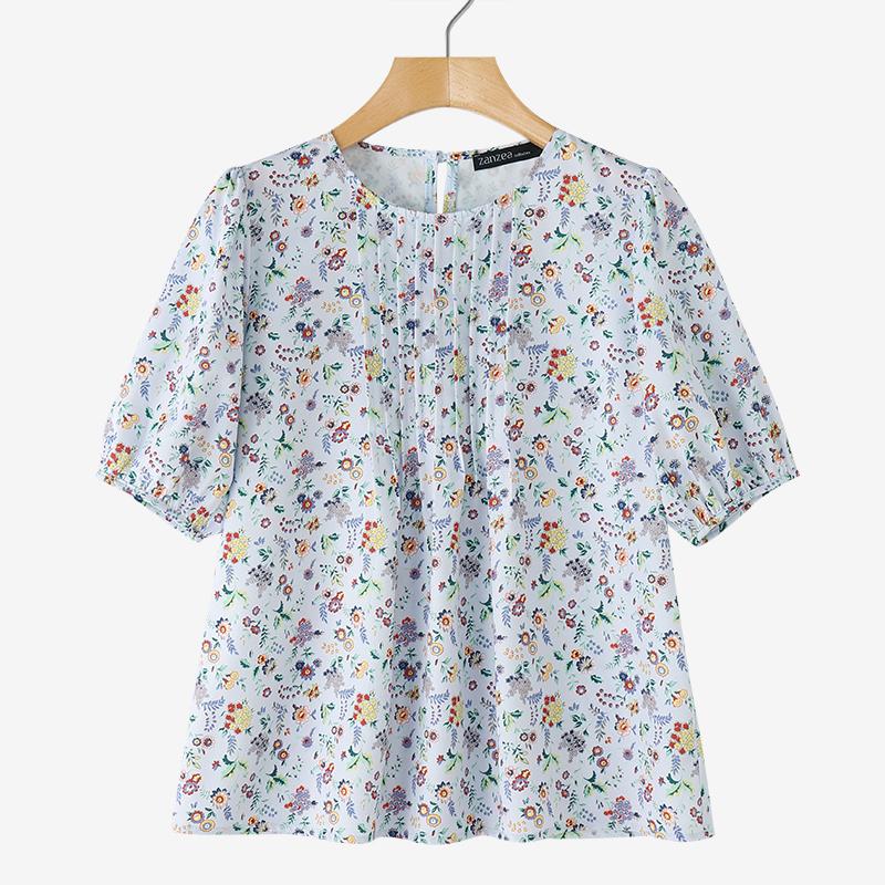 

ZANZEA Womens Casual Round Neck Short Sleeve Loose Floral Blouse синій
