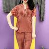 Women's Plaid 2 Piece Outfits Button Short Sleeve Top And Cropped Skinny Pants Matching Set Summer Casual Loungewear