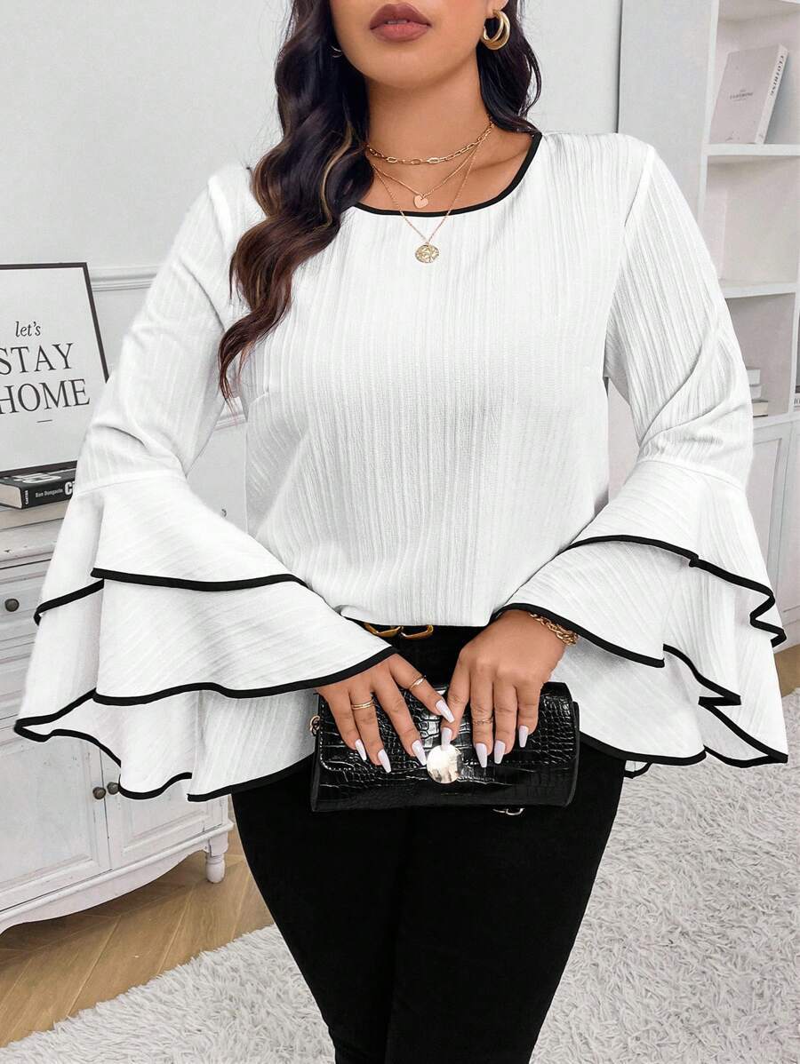Women s Long Sleeve Flared Ruffle Sleeve Blouse Lightweight Textured Fabric Layered Bell Sleeve Top for Casual Workwear XXXXXL