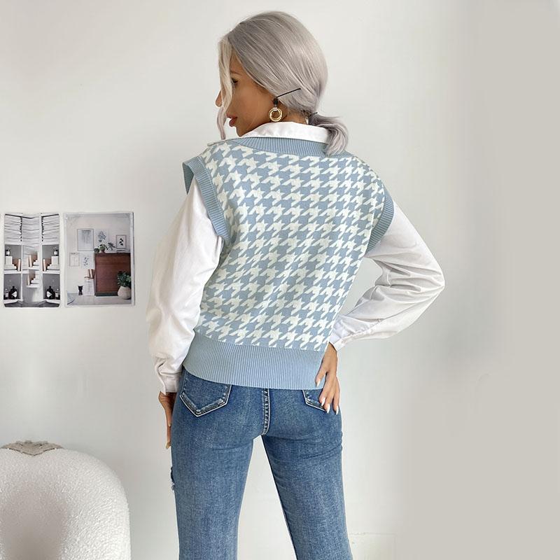 YYFS Women's Fashion Casual Houndstooth Print Autumn Winter Sleeveless V-Neck Sweaters
