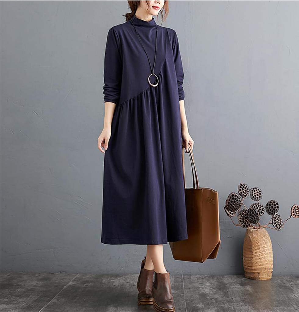 JIYUTOR Turtleneck Long Loose Solid Plus Long Dress for and Winter Women's Dress, Sleeve, Knee-Length, Fit, Color, Simple, Sizes, Slimming, Spring,