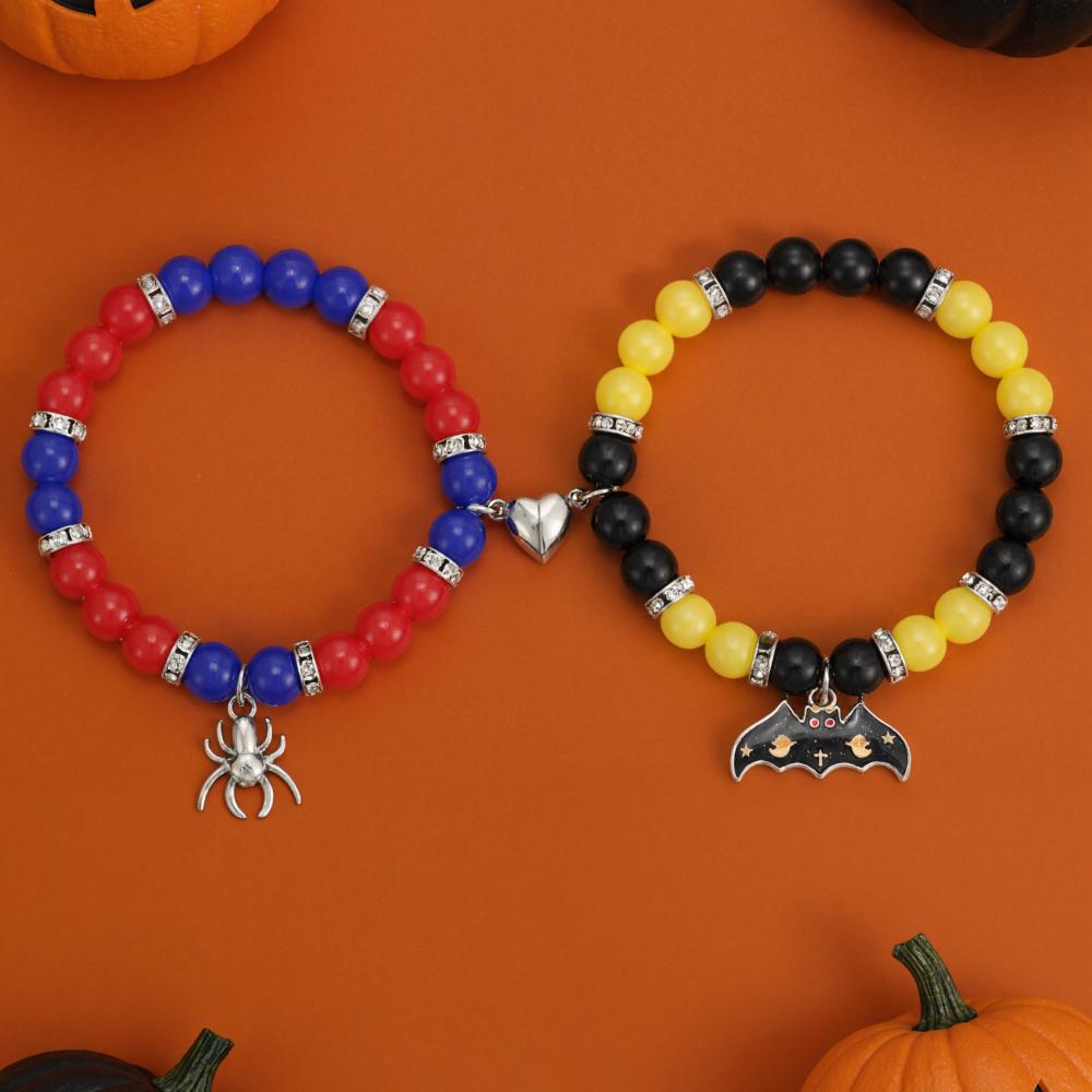 2Pcs Spider web Halloween Bat Handmade Bead Bracelets BFF Bracelets Couple Bracelets Gift for Family