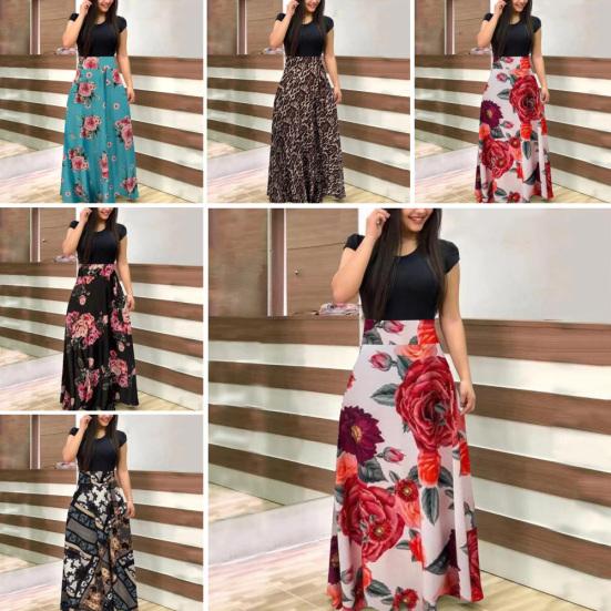 Women Short Sleeve Floral Printed Patchwork Prom Cocktail Large Swing Maxi Dress
