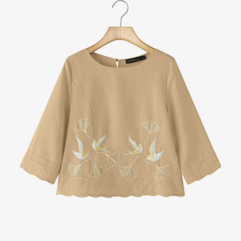 ZANZEA Women Casual Round Neck Loose Embroidery 3/4 Sleeve Blouse