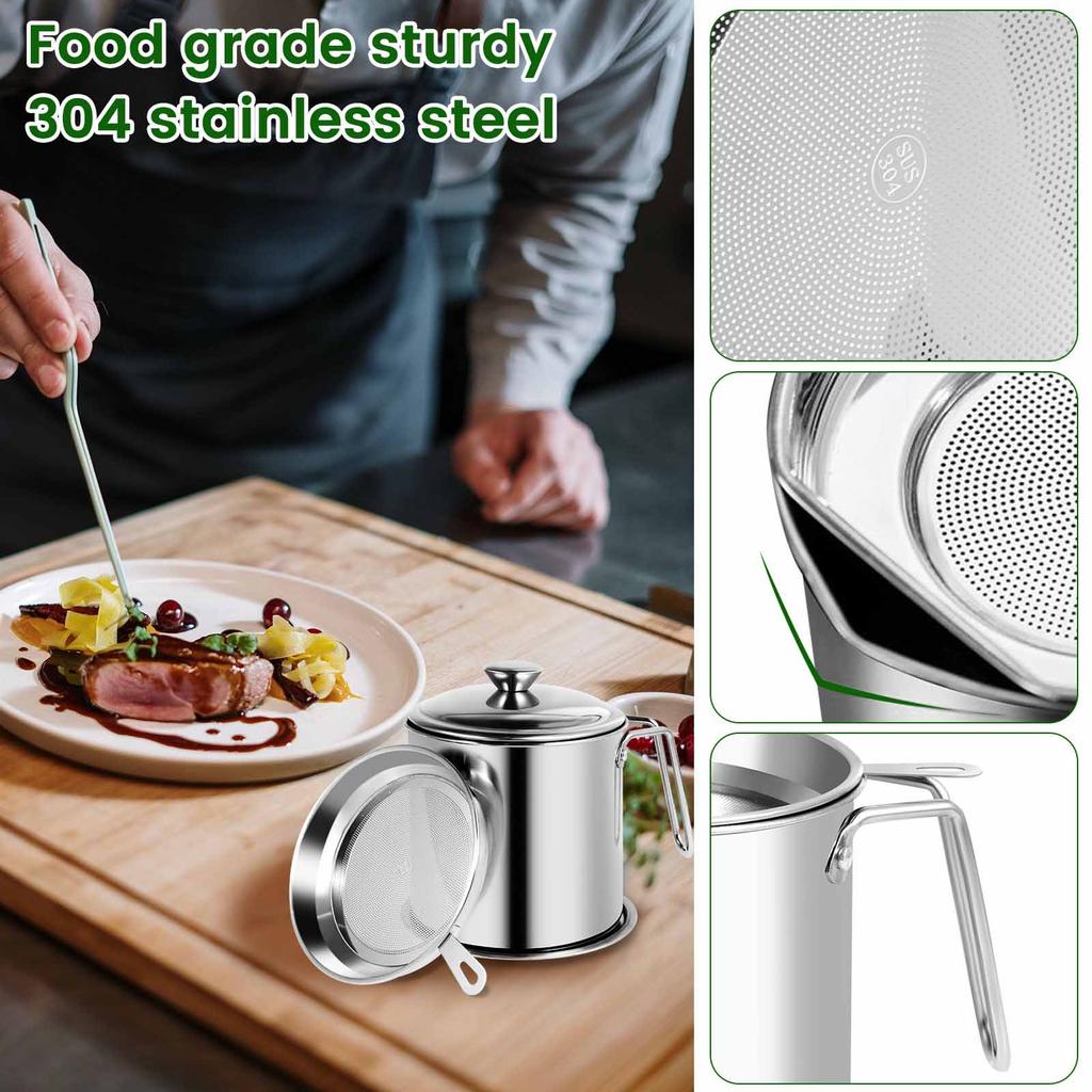 1.5-2L Stainless Steel Oil Strainer Pot with Strainer Dust-Proof Lid Cooking Oil Strainer Storage Container Grease Keeper Filter