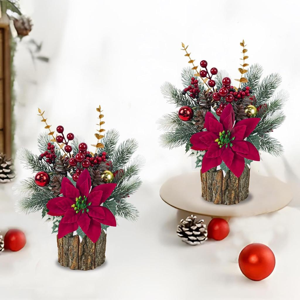 2 Pack Mini Christmas Tree with Red Poinsettia, Berries & Pine Cones - Artificial Potted Tabletop Decor for Home, Fireplace, Man