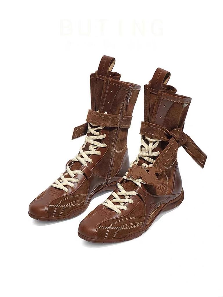 Cowhide Version~ Retro Matte Niche Martin Boots Lace-up Boxing Boots Round Head Short Boots Women's Versatile Mid-tube Western Women